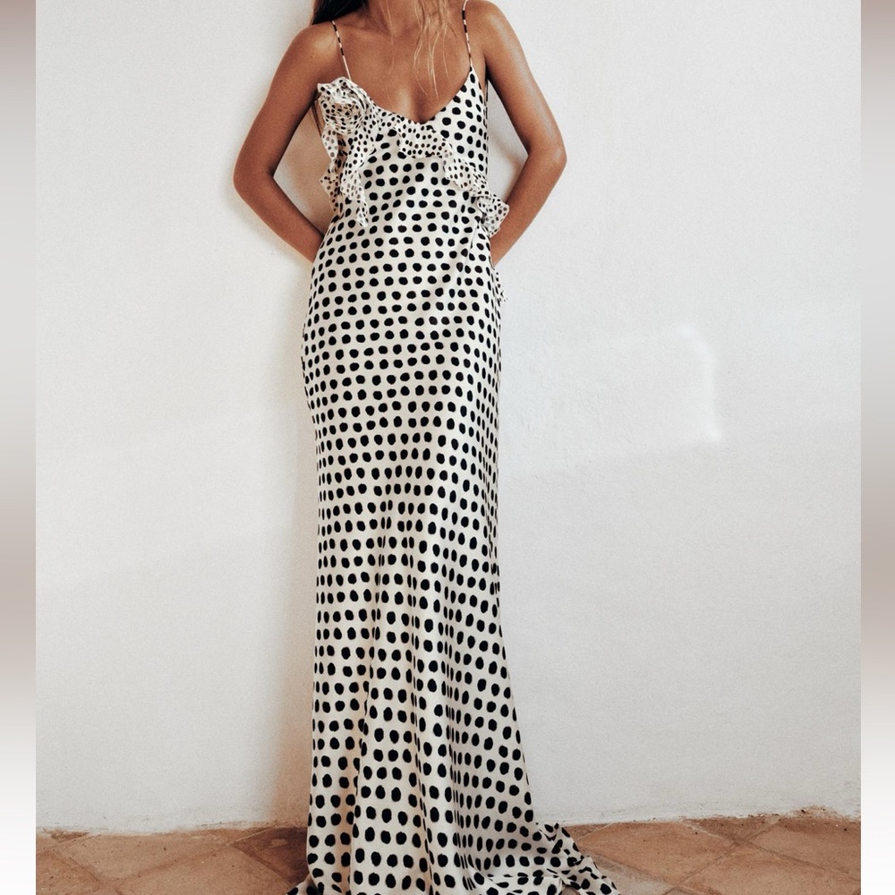 Zara ruffled satin effect polka dot dress